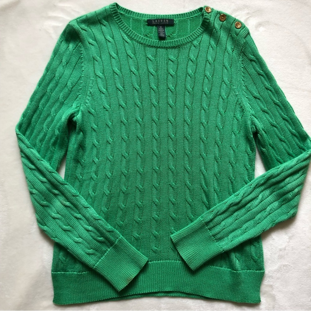 Vintage y2k Lauren Ralph Lauren cable knit crewneck green sweater gold buttons